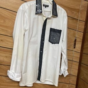 Ladies, long sleeve white shirt with black sequence trim
